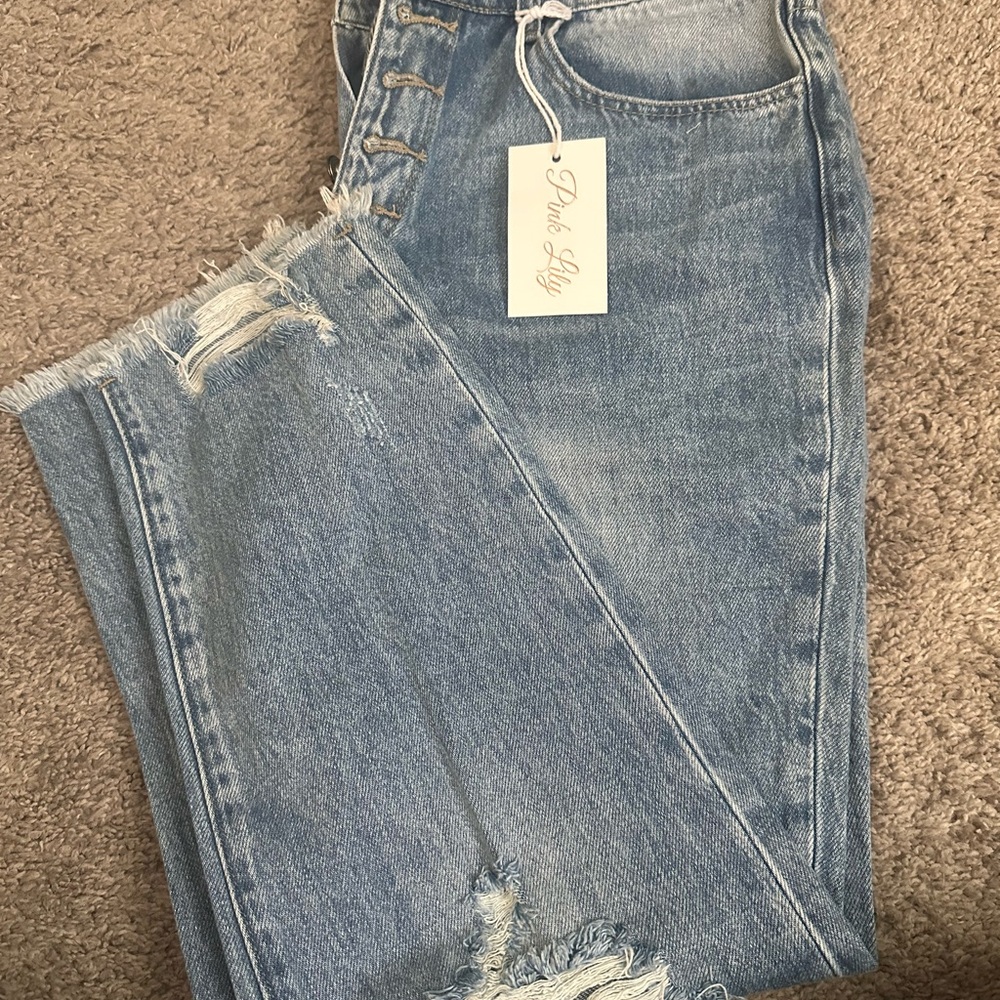 Pink Lily Blue Distressed Straight Leg Jeans